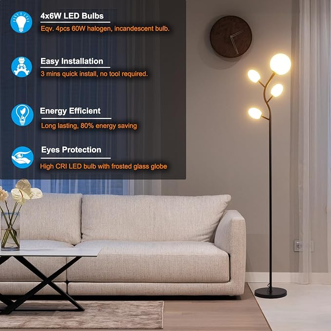Modern Black 4 Globe Floor Lamp for Living Room - Contemporary Tree Floor Lamp with White Frosted Glass Shade and LED Bulbs, Mid Century Modern Standing Lamp for Bedroom & Home Office - LeafyLoom