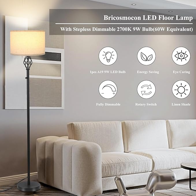 Floor Lamps for Living Room, Standing Lamp, Modern Floor lamp with Linen Shade, Rotary Switch, LED Bulb Included(10W 1000LM), Stepless Dimmable Floor Lamp for Bedroom, Reading Tall Lamp for Office - LeafyLoom