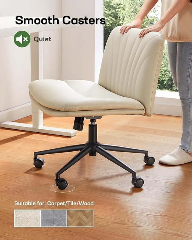 Marsail Armless-Office Desk Chair with Wheels: PU Leather Cross Legged Wide Chair,Comfortable Adjustable Swivel Computer Task Chairs for Home,Office,Make Up,Small Space,Bed Room(Beige) - LeafyLoom