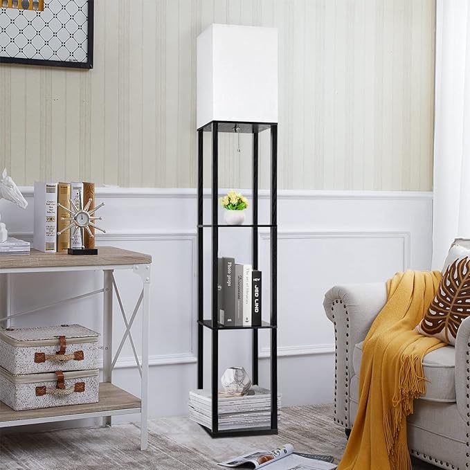 Dott Arts Floor Lamp with Shelves, Floor Lamps for Living Room Decor Display Shelf Lamps with 3 Color LED Bulb, Modern Floor Lamp for Bedroom Standing Lamp for Living Room Office,Home Decor（Black） - LeafyLoom