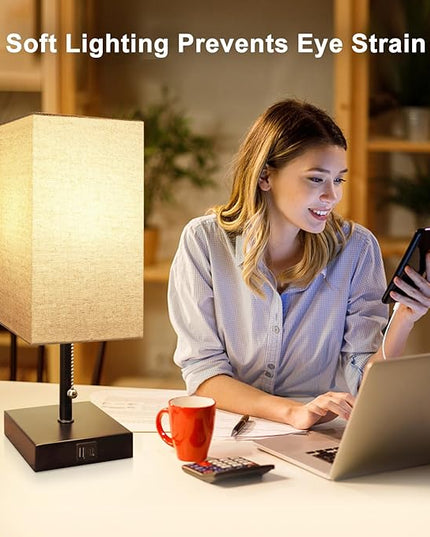 Bedside Lamp for Bedroom with USB Port, Beige Table Lmp with USB C + A Charging Ports, Pull Chain Nightstand Lamp with Fabric Shade for Living Room, Dorm, Home Office (LED Bulb Included) - LeafyLoom