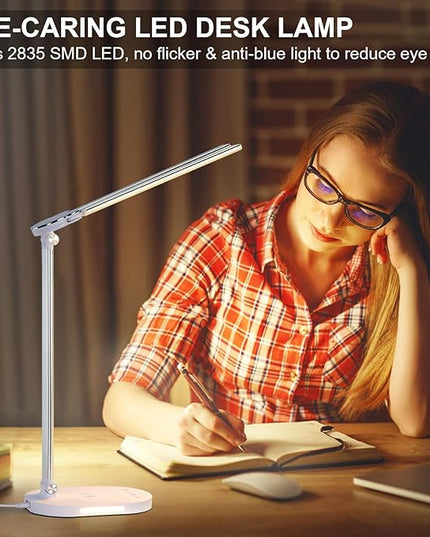 Lightess LED Desk Lamp with Wireless Charger, USB Charging Port - Dual Swing Arm Dimmable LED Desk Light with Night Light, Foldable Desk Lamp, Touch Control Table Lamp for College Dorm Room Bedroom - LeafyLoom
