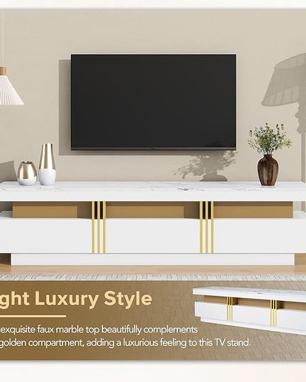 Merax Luxury TV Stand with High Gloss Faux Marble Top, Golden Panel Design, and 3 Drawers for Televisions Up to 78'', Rectangle Media Console, Practical Entertainment Center for Living Room, White - LeafyLoom