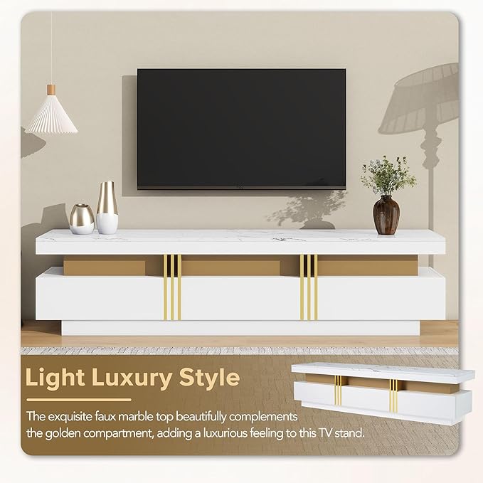 Merax Luxury TV Stand with High Gloss Faux Marble Top, Golden Panel Design, and 3 Drawers for Televisions Up to 78'', Rectangle Media Console, Practical Entertainment Center for Living Room, White - LeafyLoom