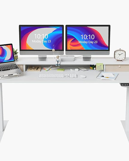 FEZIBO 60 x 24 Inch Height Adjustable Electric Standing Desk with Double Drawer, Stand Up Desk with Storage Shelf, Sit Stand Desk, White - LeafyLoom
