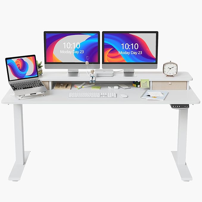 FEZIBO 60 x 24 Inch Height Adjustable Electric Standing Desk with Double Drawer, Stand Up Desk with Storage Shelf, Sit Stand Desk, White - LeafyLoom