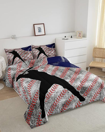Erosebridal Baseball Comforter Set Queen for Boys Teen Baseball Athlete Bedding Set Kids Ball Games Sports Bed Comforter Sets Sport Baseball Quilt Duvet 2 Pillow Cases Retro Red Dark Blue White - LeafyLoom