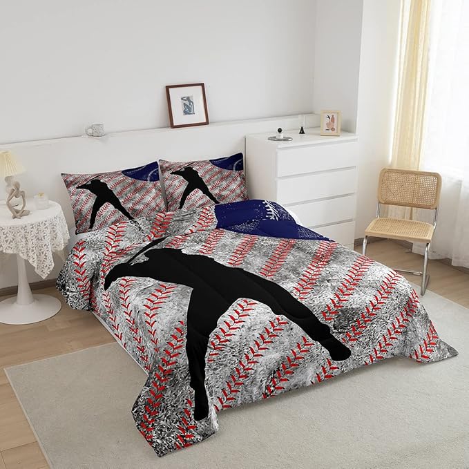 Erosebridal Baseball Comforter Set Queen for Boys Teen Baseball Athlete Bedding Set Kids Ball Games Sports Bed Comforter Sets Sport Baseball Quilt Duvet 2 Pillow Cases Retro Red Dark Blue White - LeafyLoom