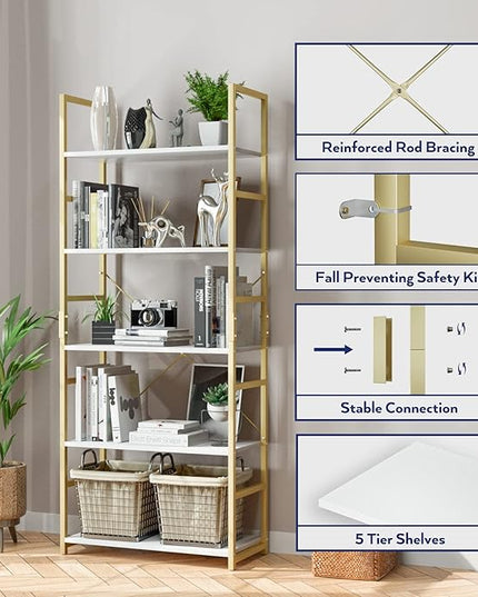 NUMENN 5 Tier Bookshelf, Tall Bookcase Shelf Storage Organizer, Modern Book Shelf for Bedroom, Living Room and Home Office, White/Gold - LeafyLoom