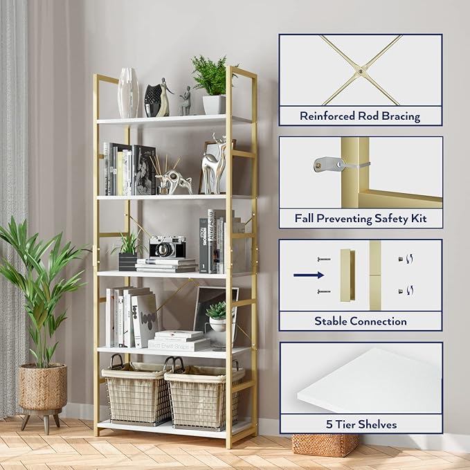 NUMENN 5 Tier Bookshelf, Tall Bookcase Shelf Storage Organizer, Modern Book Shelf for Bedroom, Living Room and Home Office, White/Gold - LeafyLoom