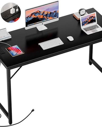 55 Inch Computer Desk with Magic Power Outlets, Modern Office Desk with USB Charging Ports, Sturdy Student Writing Desk, Simple Laptop PC Gaming Table for Bedroom Workstation, Black - LeafyLoom
