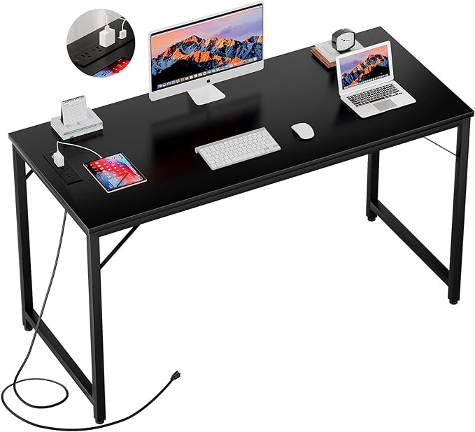 55 Inch Computer Desk with Magic Power Outlets, Modern Office Desk with USB Charging Ports, Sturdy Student Writing Desk, Simple Laptop PC Gaming Table for Bedroom Workstation, Black - LeafyLoom