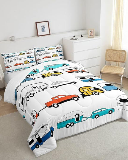 Camper Comforter Set Twin, Happy Camping Bedding Set For Kids Boys Girls Children, Camping Trailer Travel Car Pattern Bedding Comforters & Sets, Cartoon Car Down Comforter RV Accessories, Colorful - LeafyLoom