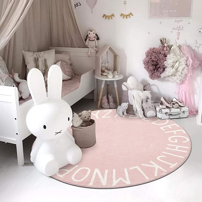Topotdor Round Kids Play Rug Alphabet Nursery Area Rug Extra Large Soft Crawling Play Mat for Children Toddlers Bedroom (47 inch, Pink) - LeafyLoom