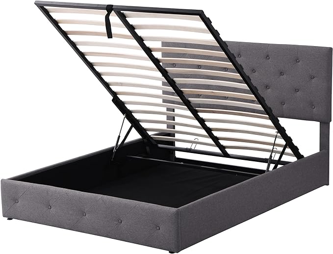 Queen Size Upholstered Platform Bed with Hydraulic Storage System, Lift Up Storage Bed Full Size with Headboard and Button Tufted, Wooden Bedframe for Teens Adults - LeafyLoom