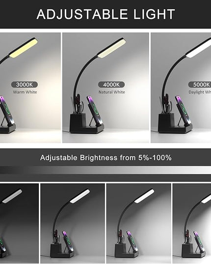 Desk Lamp with Wireless Charger USB Charging Port, Eye-Caring Desk Lamp for Home Office with Pen Holder, Dimmable Table Lamps 3 Color Modes - LeafyLoom