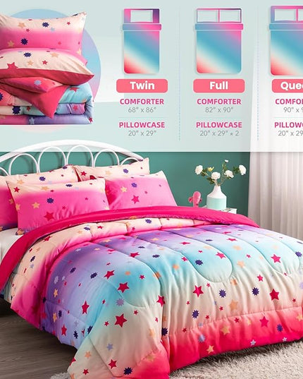 Full Comforter Set for Girls Rainbow Bedding Set 3 Pieces with Multicolor Stars Pink Comforter Set Full Size with Pillowcase for Kids, Teenagers - LeafyLoom