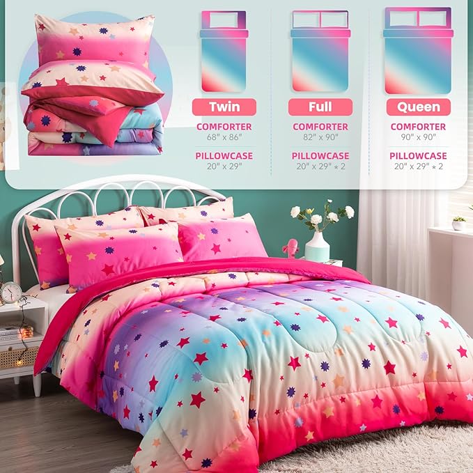 Full Comforter Set for Girls Rainbow Bedding Set 3 Pieces with Multicolor Stars Pink Comforter Set Full Size with Pillowcase for Kids, Teenagers - LeafyLoom