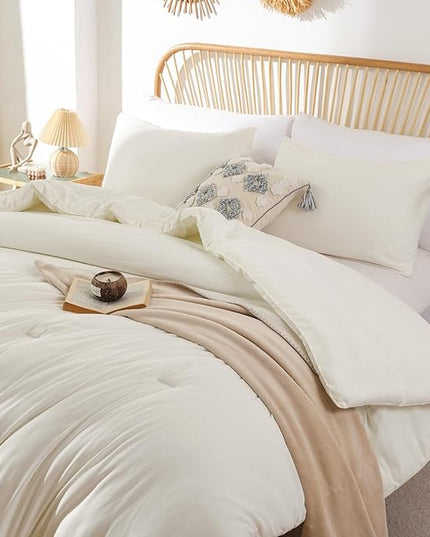 ROSGONIA Oversized King Comforter Ivory, 3pcs(1 Boho Comforter & 2 Pillowcases) Soft Lightweight Oversized King Size Comforter Sets All Season Bedding - LeafyLoom