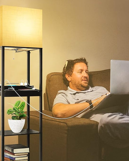 RUNTOP Plus Charging Station Floor Lamp with Wireless Charger, 2 USB-C Port, 2 Power Outlet, Floor Lamp with Shelves, 15W LED Bulb, 3 Colors, Memory Function, Standing Lamp for Living Room Bedroom - LeafyLoom