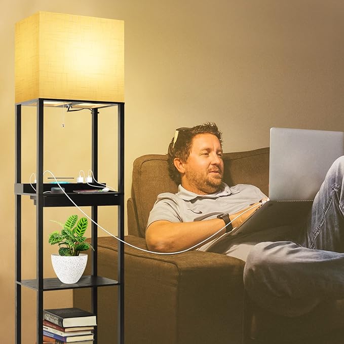 RUNTOP Plus Charging Station Floor Lamp with Wireless Charger, 2 USB-C Port, 2 Power Outlet, Floor Lamp with Shelves, 15W LED Bulb, 3 Colors, Memory Function, Standing Lamp for Living Room Bedroom - LeafyLoom