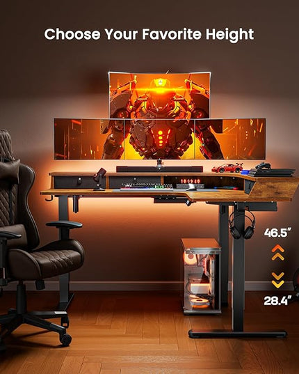ErGear 65″ L Shaped Standing Desk for Gaming, [3 Drawers & 2 Cable Management Trays] Corner Stand up Desk w/Monitor Shelf Height Adjustable for Home Office, Vintage Brown - LeafyLoom