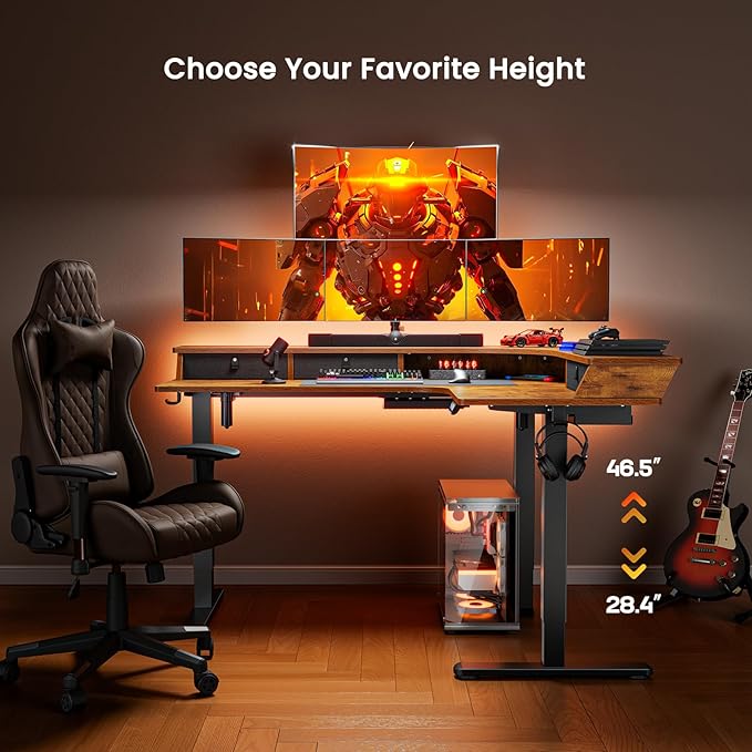 ErGear 65″ L Shaped Standing Desk for Gaming, [3 Drawers & 2 Cable Management Trays] Corner Stand up Desk w/Monitor Shelf Height Adjustable for Home Office, Vintage Brown - LeafyLoom