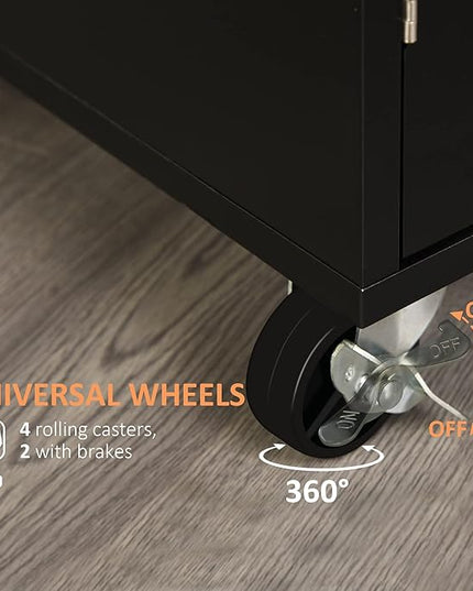 HOMCOM Kitchen Island Cart Rolling Trolley Cart with Drawer, Storage Cabinet & Towel Rack, Black - LeafyLoom