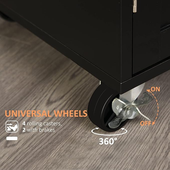 HOMCOM Kitchen Island Cart Rolling Trolley Cart with Drawer, Storage Cabinet & Towel Rack, Black - LeafyLoom