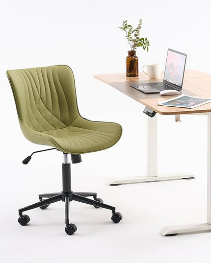YOUNIKE Office Chair, Armless Desk Chair with Wheels, Home Office Computer Task Chairs, Modern Faux Leather Padded Vanity Chair, Adjustable Swivel Rolling Chairs with Back, Avocado Green - LeafyLoom