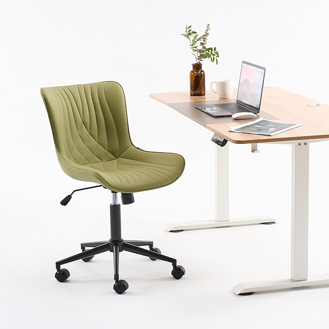 YOUNIKE Office Chair, Armless Desk Chair with Wheels, Home Office Computer Task Chairs, Modern Faux Leather Padded Vanity Chair, Adjustable Swivel Rolling Chairs with Back, Avocado Green - LeafyLoom