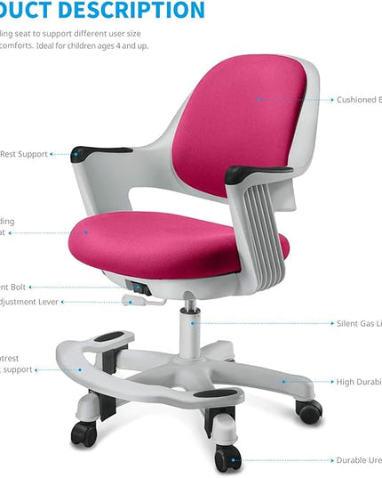 Kids Desk Chair: Ergonomic Kids Computer Chair | Adjustable Kids Office Chair with Wheels & Arms | Study Chair for Girls and Boys - Kids Chair Desk with Wheel Covers (Rosie Pink) - LeafyLoom