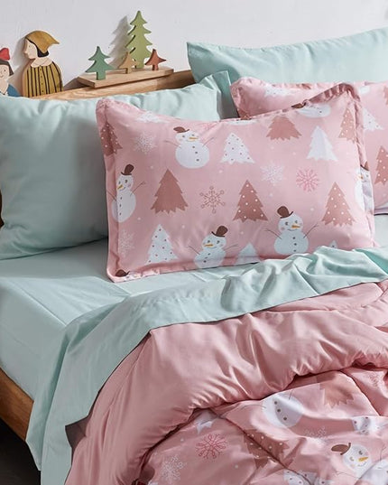 SLEEP ZONE Kids Twin Bedding Comforter Set - Super Cute & Soft Kids Bedding 5 Pieces Set with Comforter, Sheet, Pillowcase & Sham (Pink Snowman) - LeafyLoom