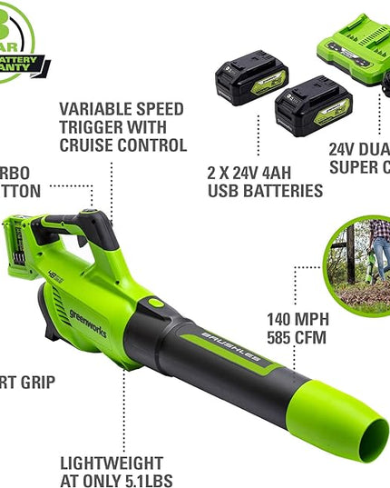 Greenworks 48V (2 x 24V) Cordless Brushless Axial Leaf Blower (140 MPH / 585 CFM / 125+ Compatible Tools), (2) 4.0Ah Batteries and Dual Port Rapid Charger Included - LeafyLoom