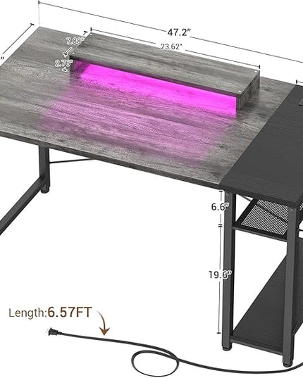 armocity Computer Desk with LED Lights, 47 Gaming Desk with Power Outlet and USB, Reversible Laptop Table with Moveable Monitor Stand for Small Spaces, Office, Room, Grey and Black - LeafyLoom