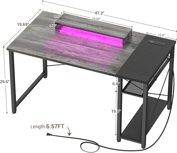 armocity Computer Desk with LED Lights, 47 Gaming Desk with Power Outlet and USB, Reversible Laptop Table with Moveable Monitor Stand for Small Spaces, Office, Room, Grey and Black - LeafyLoom