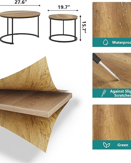 Nesting Coffee Table Set of 2, 27.6" Round Coffee Table Wood Grain Top with Adjustable Non-Slip Feet, Industrial End Table Side Tables for Living Room Bedroom Balcony Yard - LeafyLoom