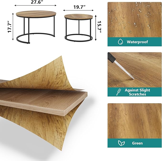 Nesting Coffee Table Set of 2, 27.6" Round Coffee Table Wood Grain Top with Adjustable Non-Slip Feet, Industrial End Table Side Tables for Living Room Bedroom Balcony Yard - LeafyLoom