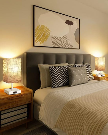 Dott Arts Small Table Lamp for Bedroom Set of 2,2700K 4000k 5000K Nightstand Lamps with AC Outlets，Minimalist Bedside Lamp with Square Shade,Night Light Lamp for Living Room Kids Room Office(Nickle) - LeafyLoom