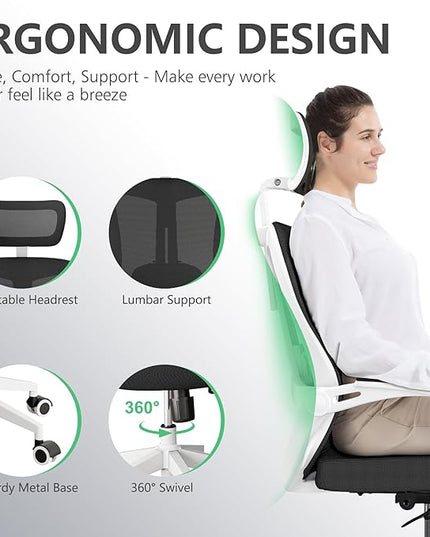 Office Chair 350LBS Capacity,Ergonomic Comfy Home Desk Chair,High Back Gaming Chair with Wheels, Mesh Computer Chair,Lumbar Support, Adjustable Headrest,Flip-up Armrest - LeafyLoom