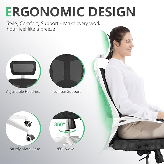 Office Chair 350LBS Capacity,Ergonomic Comfy Home Desk Chair,High Back Gaming Chair with Wheels, Mesh Computer Chair,Lumbar Support, Adjustable Headrest,Flip-up Armrest - LeafyLoom