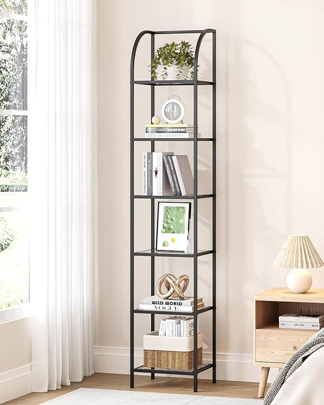 Bookcase Bookshelf, Tempered Glass Arched Bookshelf for More Storage, Slim Shelving Unit for Bedroom, Bathroom, Home Office, Steel Frame, 6 Tier Black BC20699B - LeafyLoom