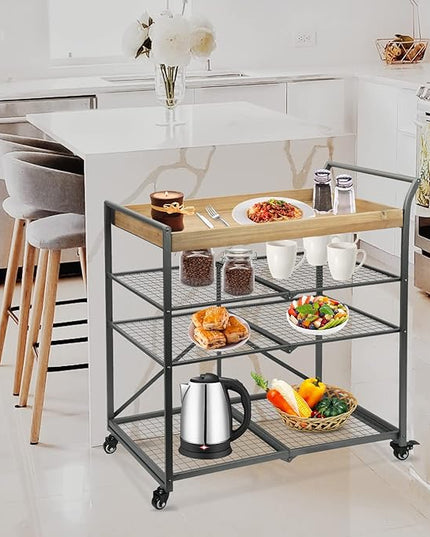 Vipush Kitchen Serving Cart, 4-Tier Kitchen Utility Cart on Wheels with Storage for Living Room, Wood Look Accent Furniture with Metal - LeafyLoom