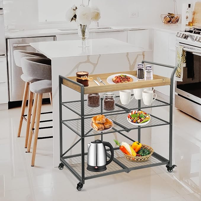 Vipush Kitchen Serving Cart, 4-Tier Kitchen Utility Cart on Wheels with Storage for Living Room, Wood Look Accent Furniture with Metal - LeafyLoom