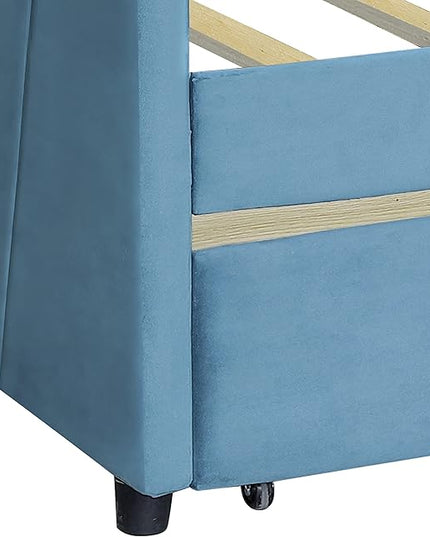 Twin Size Upholstered Daybed with 2 Storage Drawers, Elegant Sofa Bed Day Bed Frame with Wood Slat Support for Bedroom, Living Room Guestroom, No Box Spring Needed, Blue - LeafyLoom