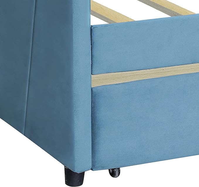 Twin Size Upholstered Daybed with 2 Storage Drawers, Elegant Sofa Bed Day Bed Frame with Wood Slat Support for Bedroom, Living Room Guestroom, No Box Spring Needed, Blue - LeafyLoom