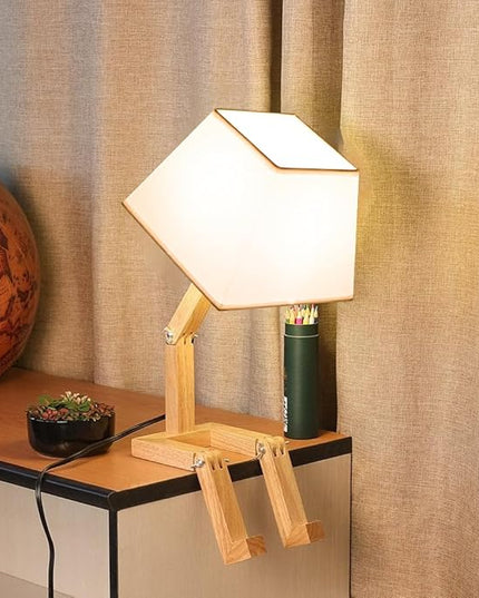 ELINKUME Cute Robot Desk Lamp,Dimmable Bedside Table Lamps,Square Lampshade Night Light with Foldable Solid Wood Body,Fun Kids Lamp, Nightstand lamp for Bedroom,Study,Office,Living room(Gift) - LeafyLoom