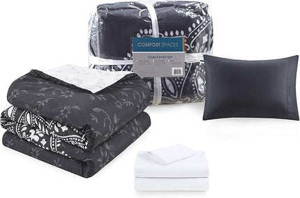 Comfort Spaces Bed in A Bag - Trendy Casual Design Cozy Comforter with Complete Sheet Set with Side Pocket, All Season Cover, Matching Shams, Twin XL (66 in x 90 in), Ava Medallion Black 6 Piece - LeafyLoom