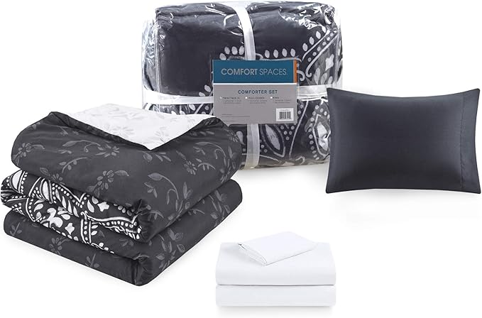 Comfort Spaces Bed in A Bag - Trendy Casual Design Cozy Comforter with Complete Sheet Set with Side Pocket, All Season Cover, Matching Shams, Twin XL (66 in x 90 in), Ava Medallion Black 6 Piece - LeafyLoom