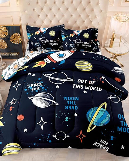 Space Comforter Set Twin 5PCS,Kids Bedding Set for Boys Twin,Rocket Bedding Twin Size.Kids Comforter Set Soft Bedding Sets,Bed in A Bag for Kids - LeafyLoom